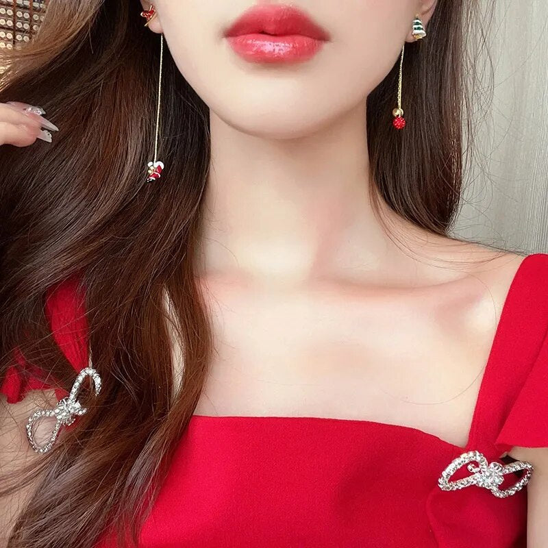 Moving Santa Claus Tassel Dangle Earrings For Women Christmas Tree Snowflake Asymmetric Long Chain Earring New Year Jewelry Gift