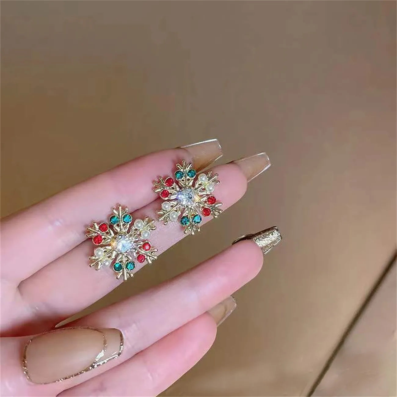 Korean Colorful Pearl Zircon Snowflake Earrings Delicate Shiny Bow Stud Earring For Women Christmas / New Year Gifts