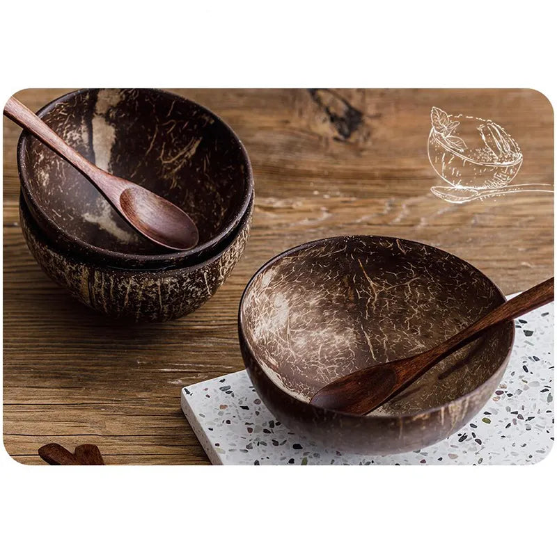 Summer 12-15cm Natural Coconut Bowl Wooden Tableware Spoon Set Coco Kitchen Item Rice Ramen Salad Home Decorative Dinnerware