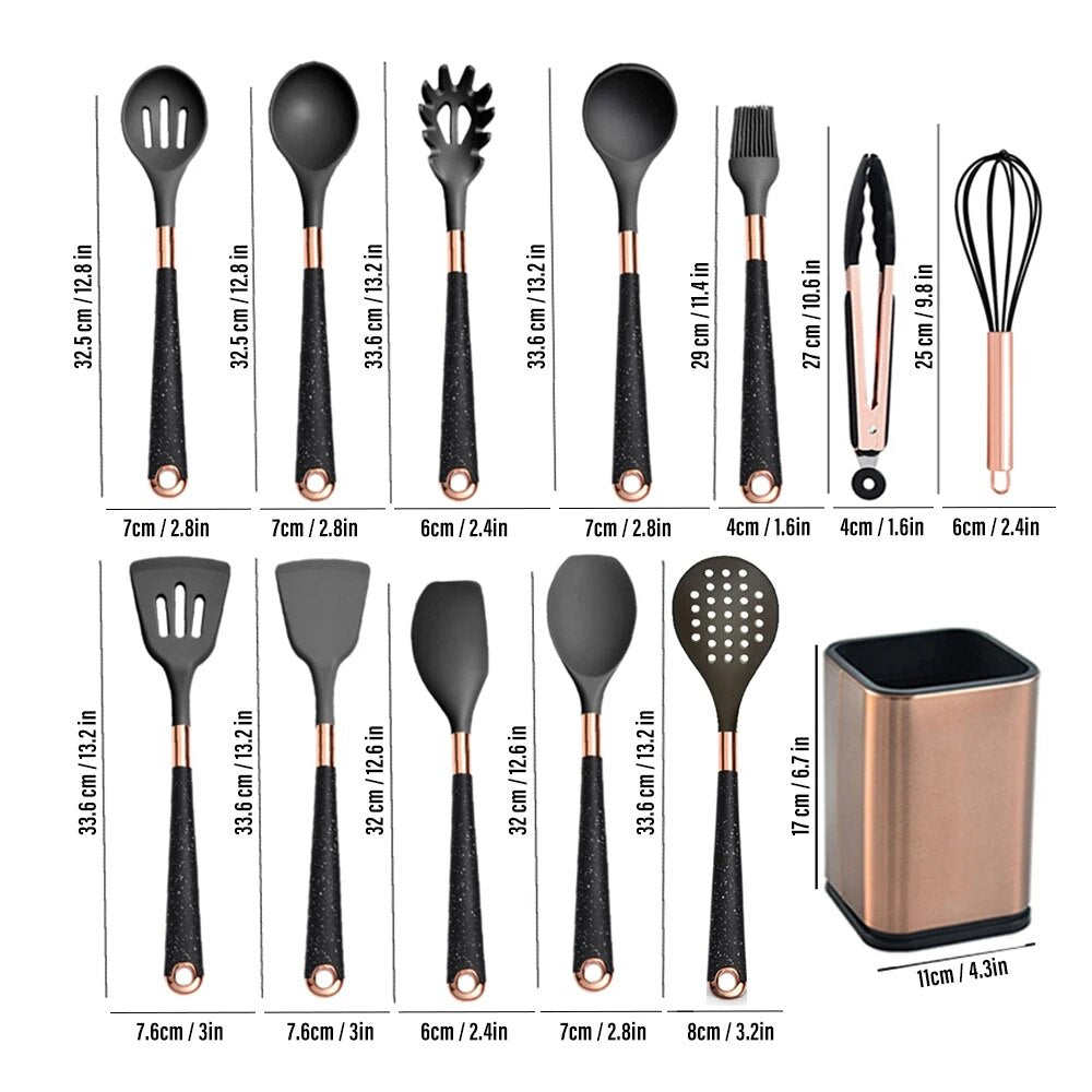 New Silicone Kitchenware Non-stick Kitchen Utensils Set Gold Plated Handle Cooking Tool Accessories Heat Resistant Kitchen Items