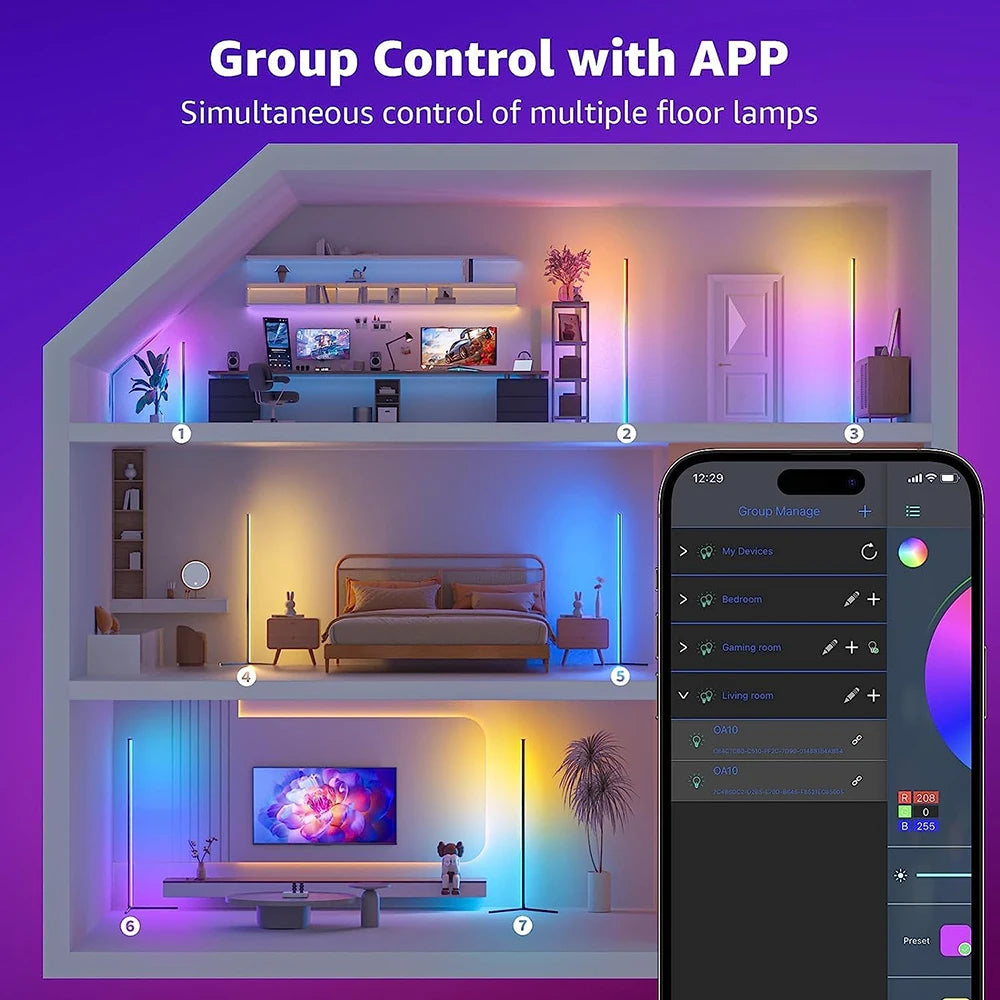 Living Room Dimmable RGB Corner Floor Lamp 140cm Stand with Smart APP Connectivity