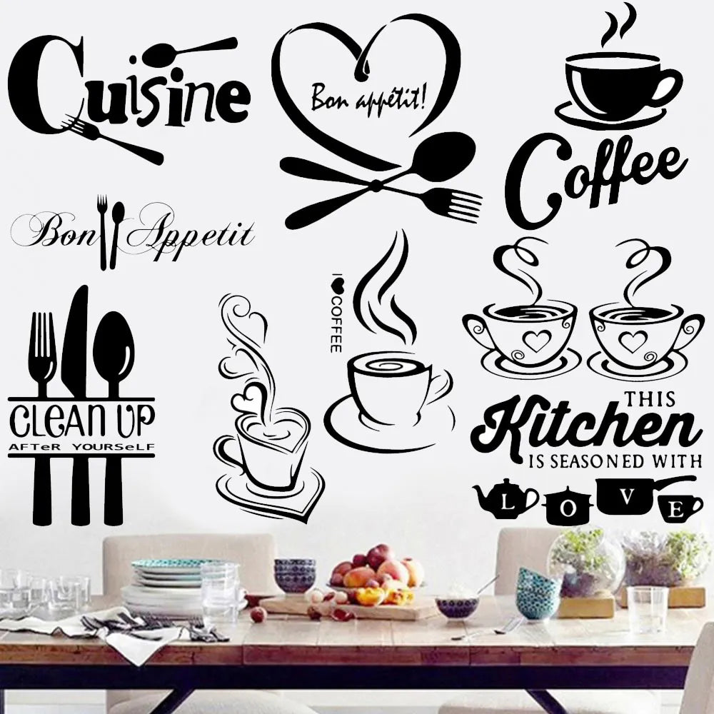 9 styles Coffee Wall Stickers for Kitchen Decorative Stickers Vinyl Wall Decals DIY Stickers Home Decor Dining Room Shop Bar