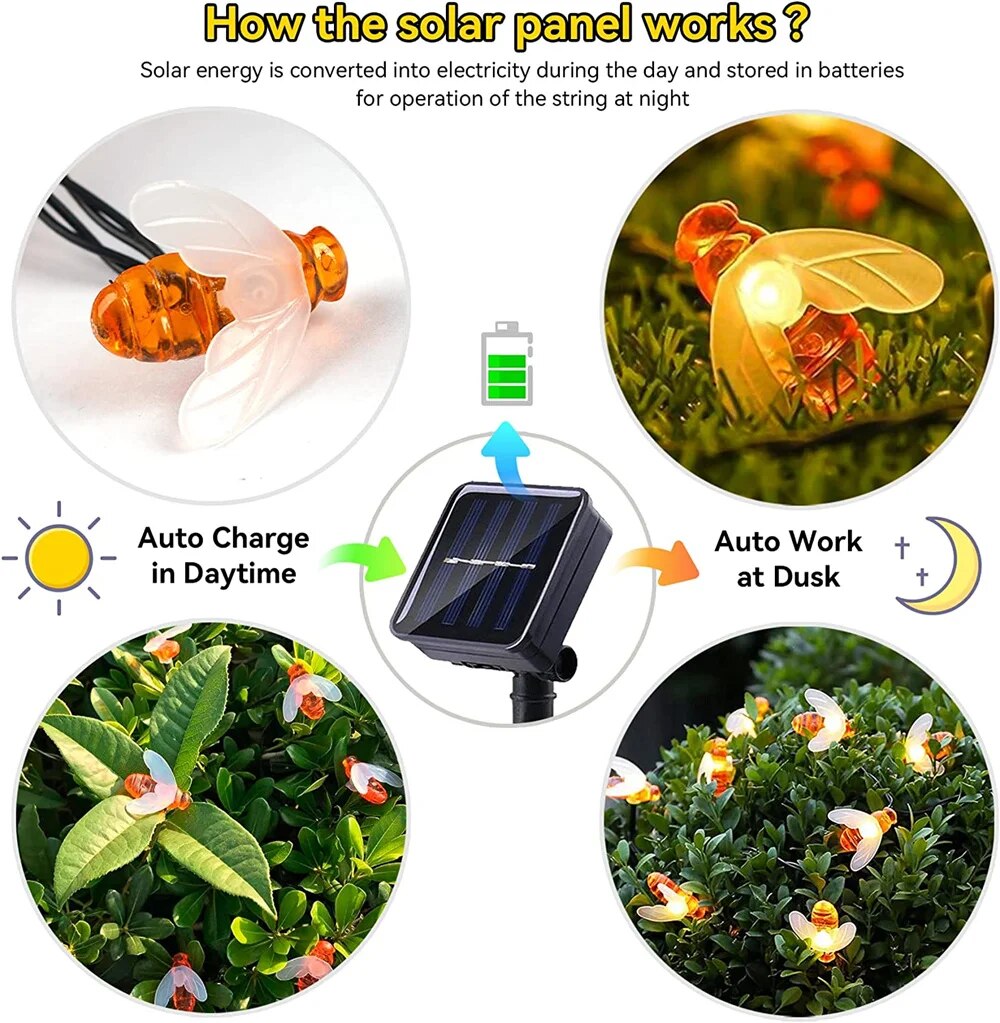 AlliLit Solar String Light 20 LED Cute Bee Outdoor Wedding Garden Patio Party Christmas Tree Honeybee Starry Fairy Decor Lamp