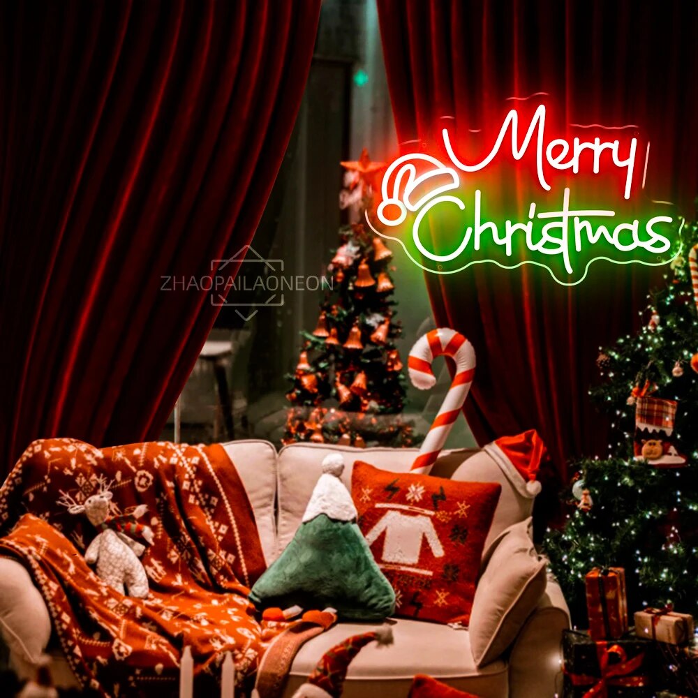 Merry Christmas LED Lights Neon Sign Santa Hat Christmas Decor Room Bedroom Wall Art Christmas Nightlight Neon Light Kid Gifts
