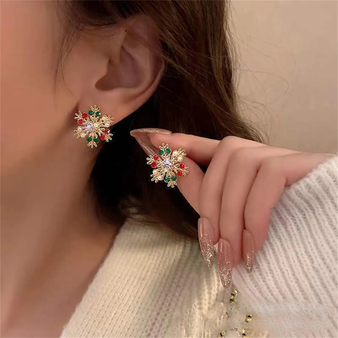 Korean Colorful Pearl Zircon Snowflake Earrings Delicate Shiny Bow Stud Earring For Women Christmas / New Year Gifts