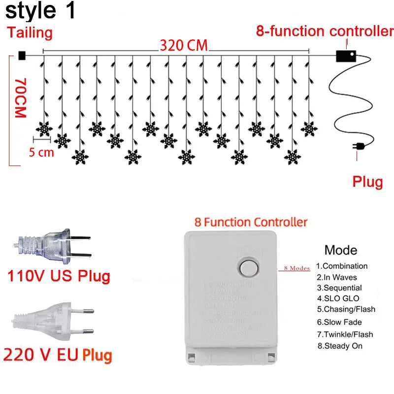 Christmas Snowflakes LED String Lights Flashing Fairy Curtain Lights