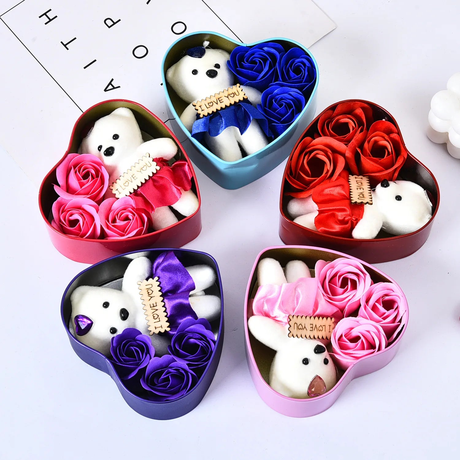 YO CHO Artificial Flower 3/4/6 Pcs Roses Bear Soap Flower Gift Box Valentine's Day Mother's Day Wedding Newyear Gift for Wife