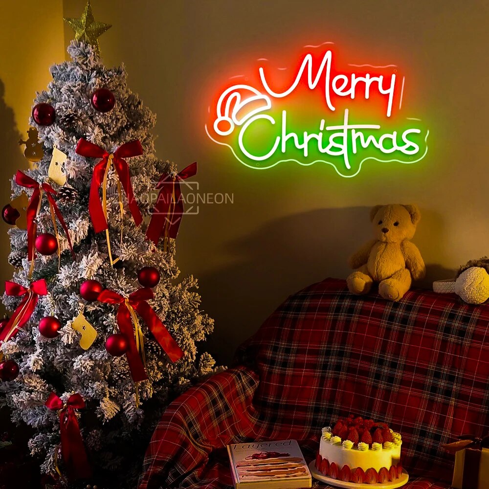 Merry Christmas LED Lights Neon Sign Santa Hat Christmas Decor Room Bedroom Wall Art Christmas Nightlight Neon Light Kid Gifts