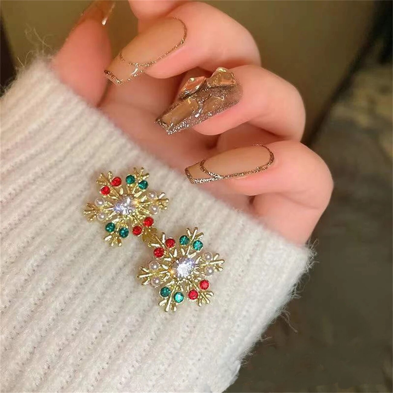 Korean Colorful Pearl Zircon Snowflake Earrings Delicate Shiny Bow Stud Earring For Women Christmas / New Year Gifts