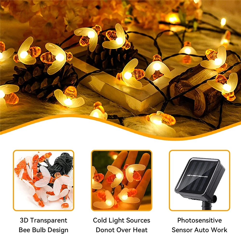AlliLit Solar String Light 20 LED Cute Bee Outdoor Wedding Garden Patio Party Christmas Tree Honeybee Starry Fairy Decor Lamp